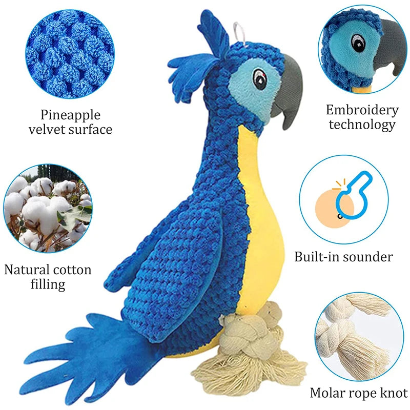 Plush Dog Toys Interactive Squeaky Durable Stuffed Cotton Rope Pet Puppy Toys Teeth Cleaning Embroidery Parrot